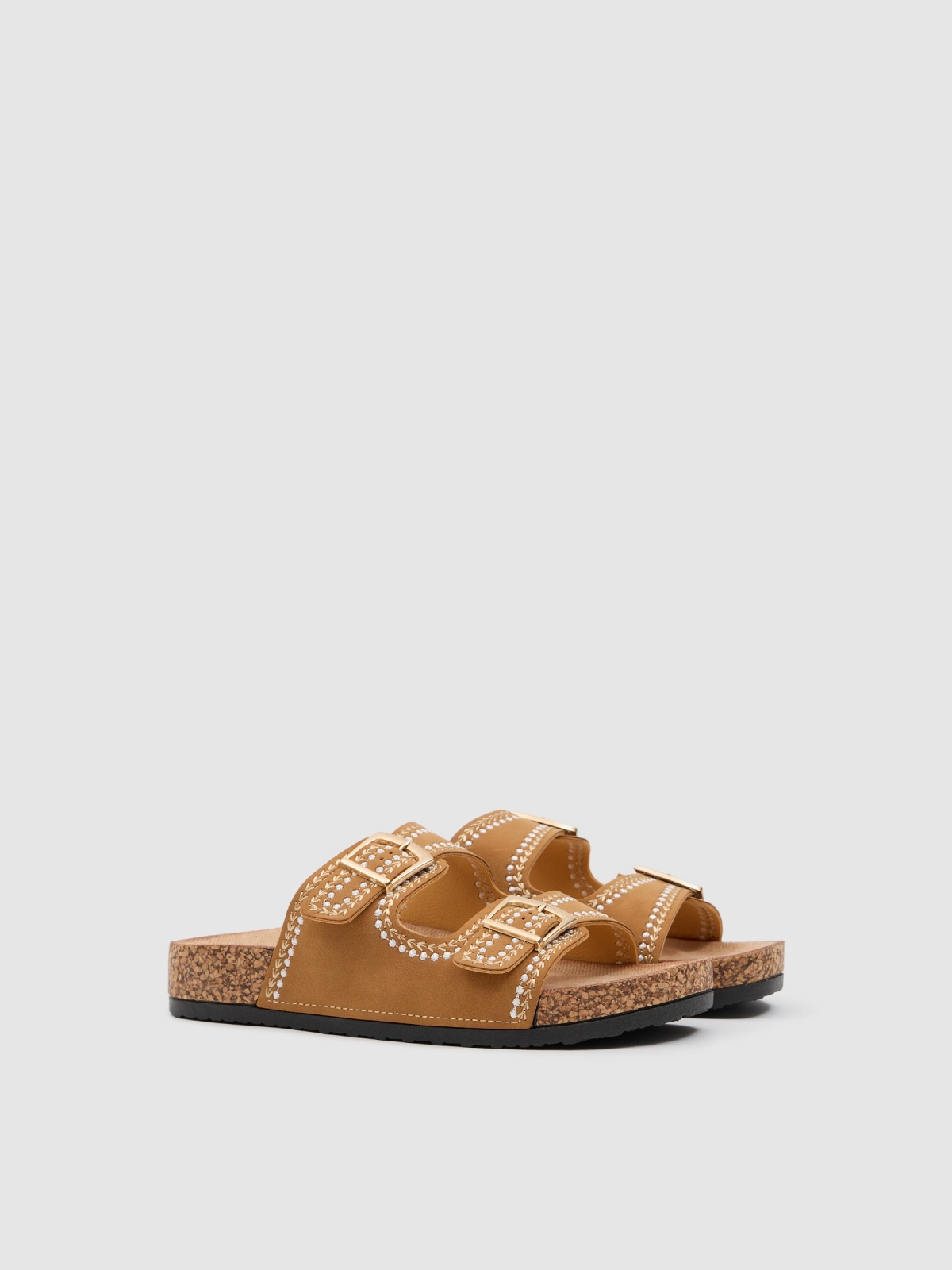 Leather-effect sandal with topstitching brown 45º front view
