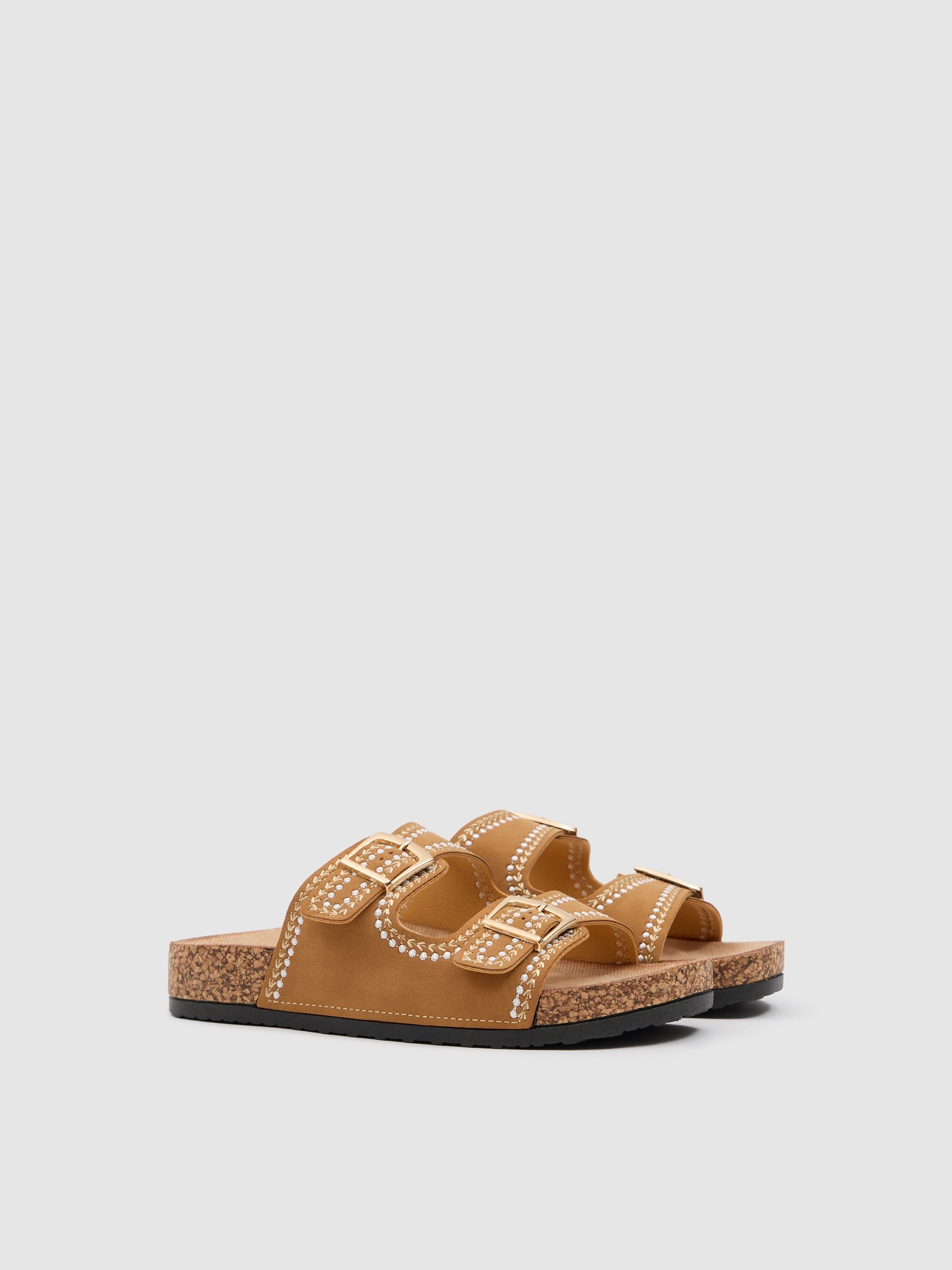 Leather-effect sandal with topstitching brown