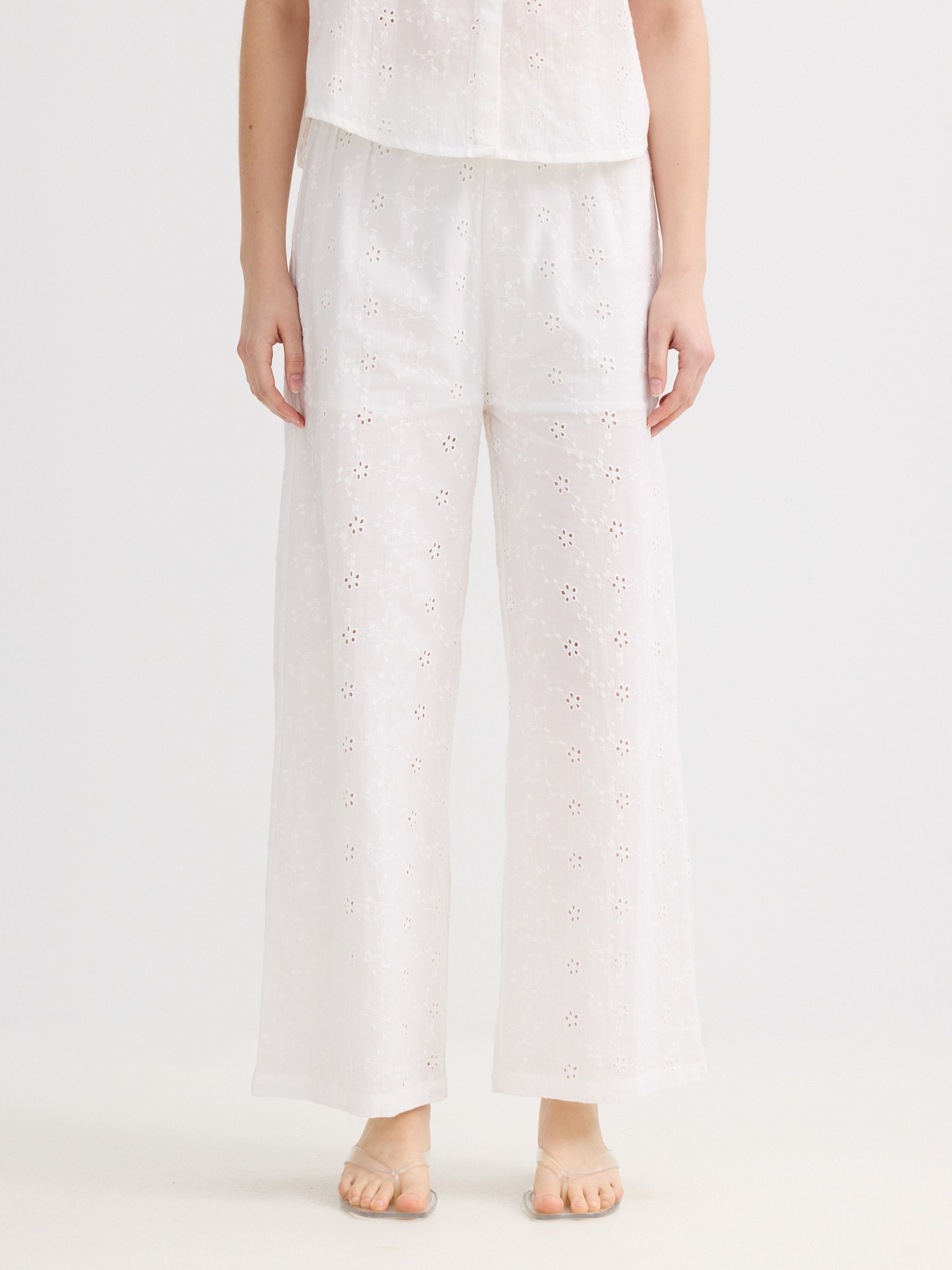 Swiss embroidered wide-leg pants white front view