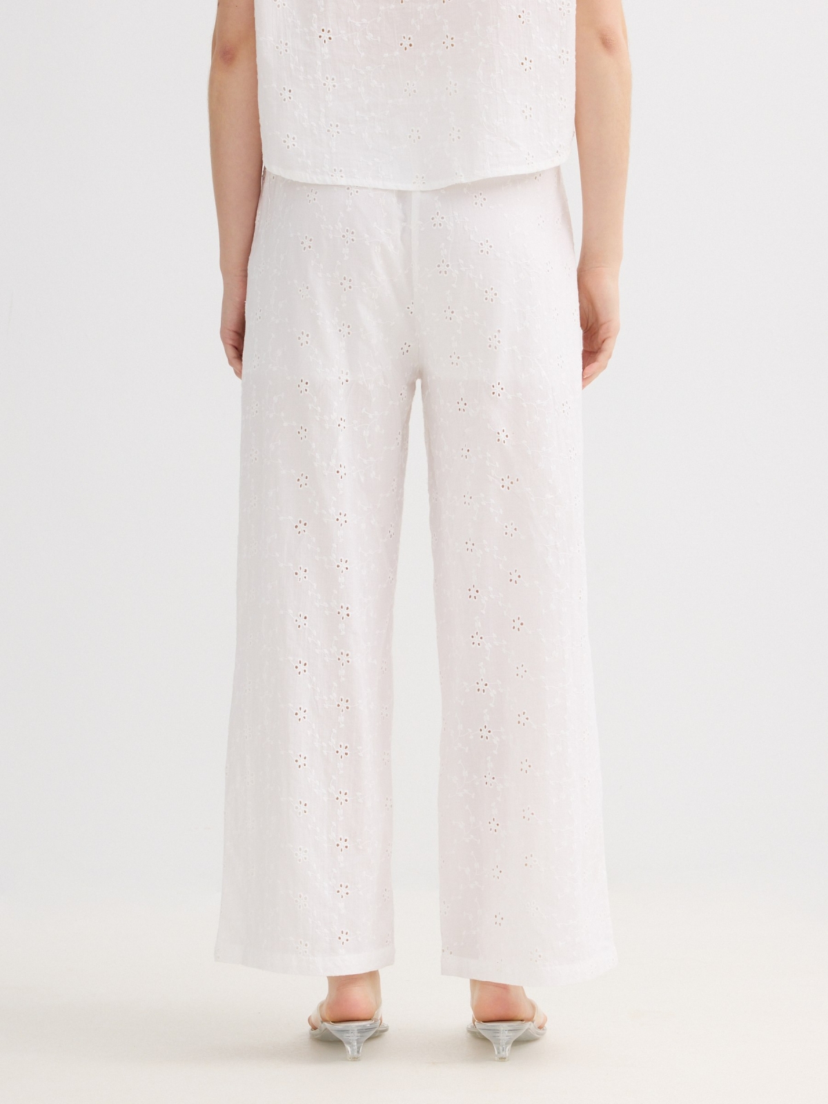 Swiss embroidered wide-leg pants white middle back view