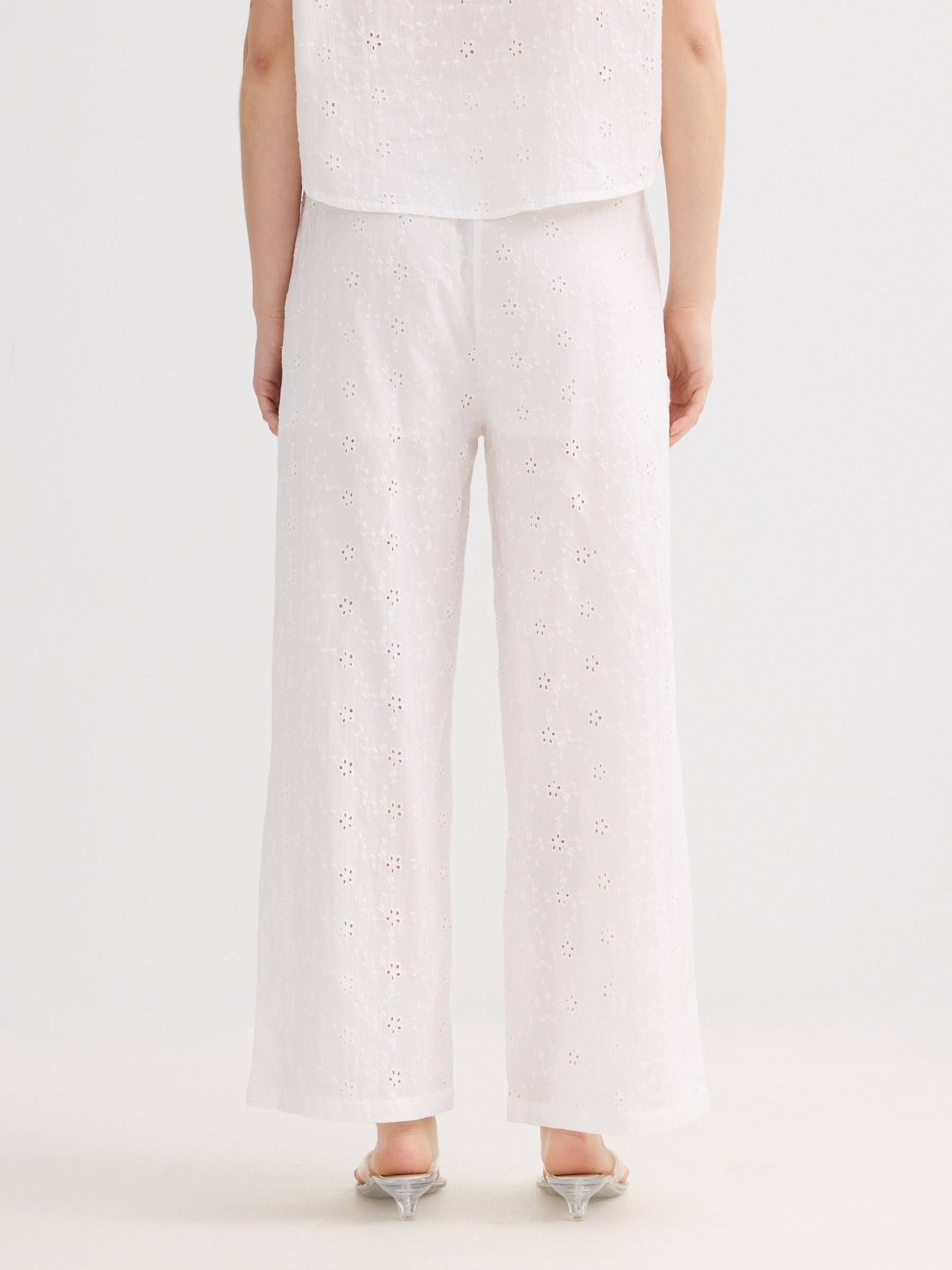 Swiss embroidered wide-leg pants white front view