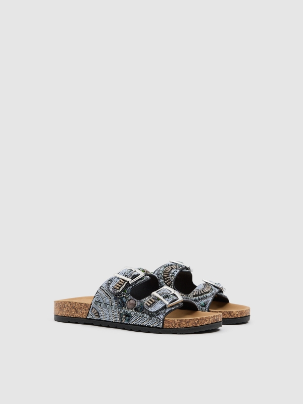 glitter double-buckle sandal black 45º front view