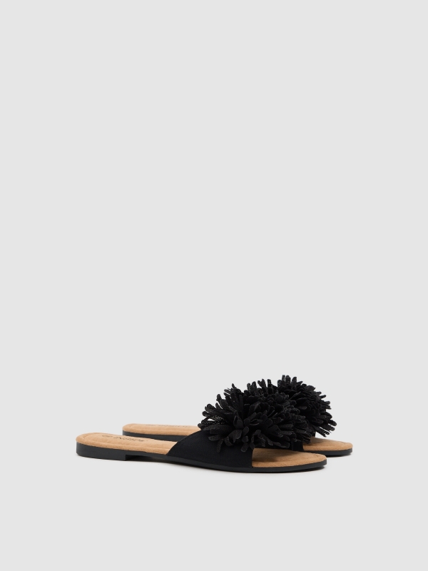 Pom-pom slide sandal black 45º front view