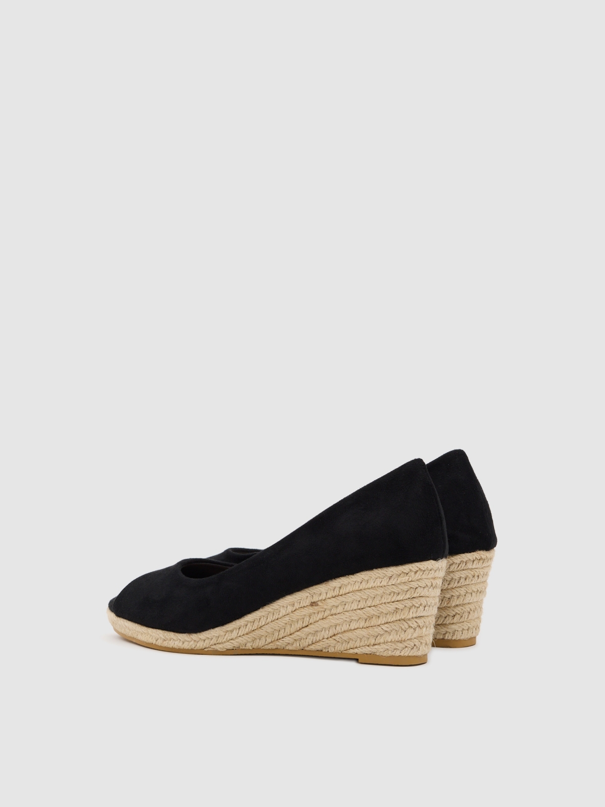 Jute wedge with leather effect black 45º back view