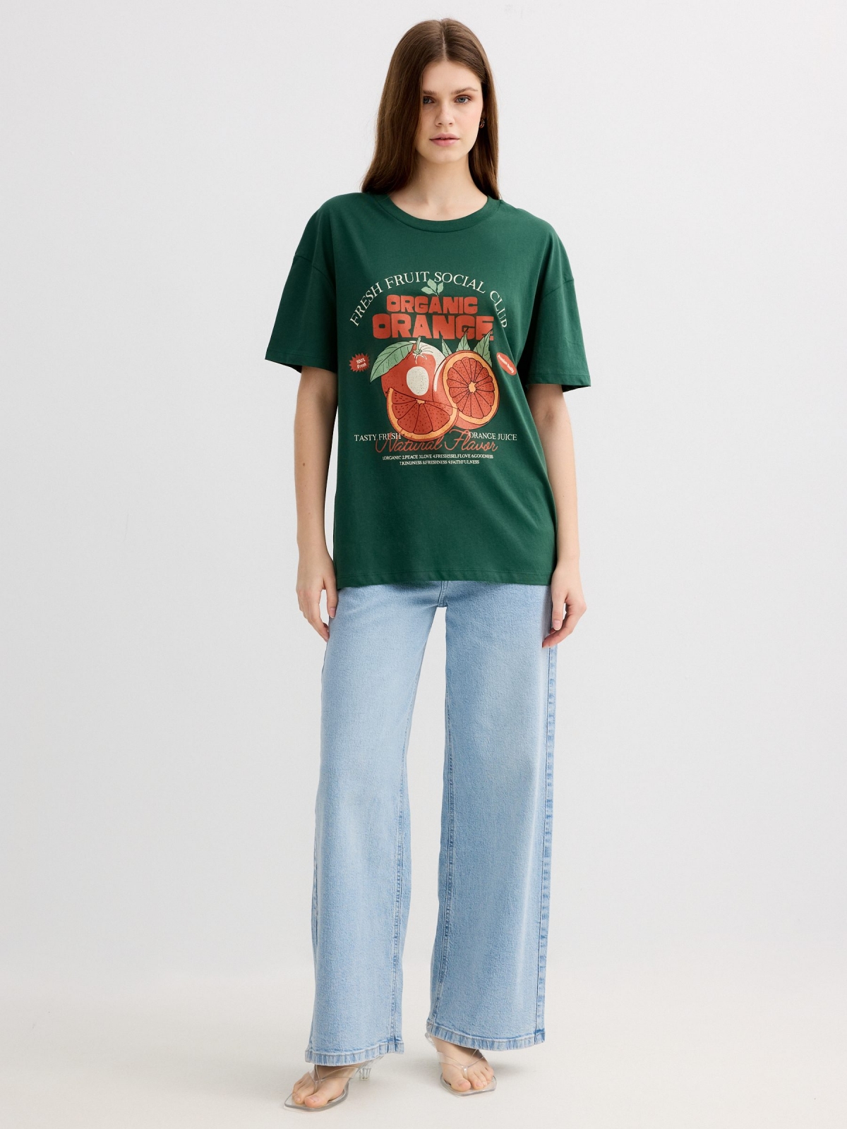 Oversized orange T-shirt dark green front view