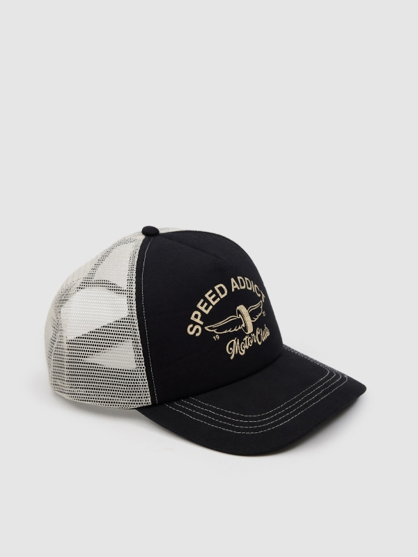 Boné trucker estampado speed addict bege vista lateral traseira 45º
