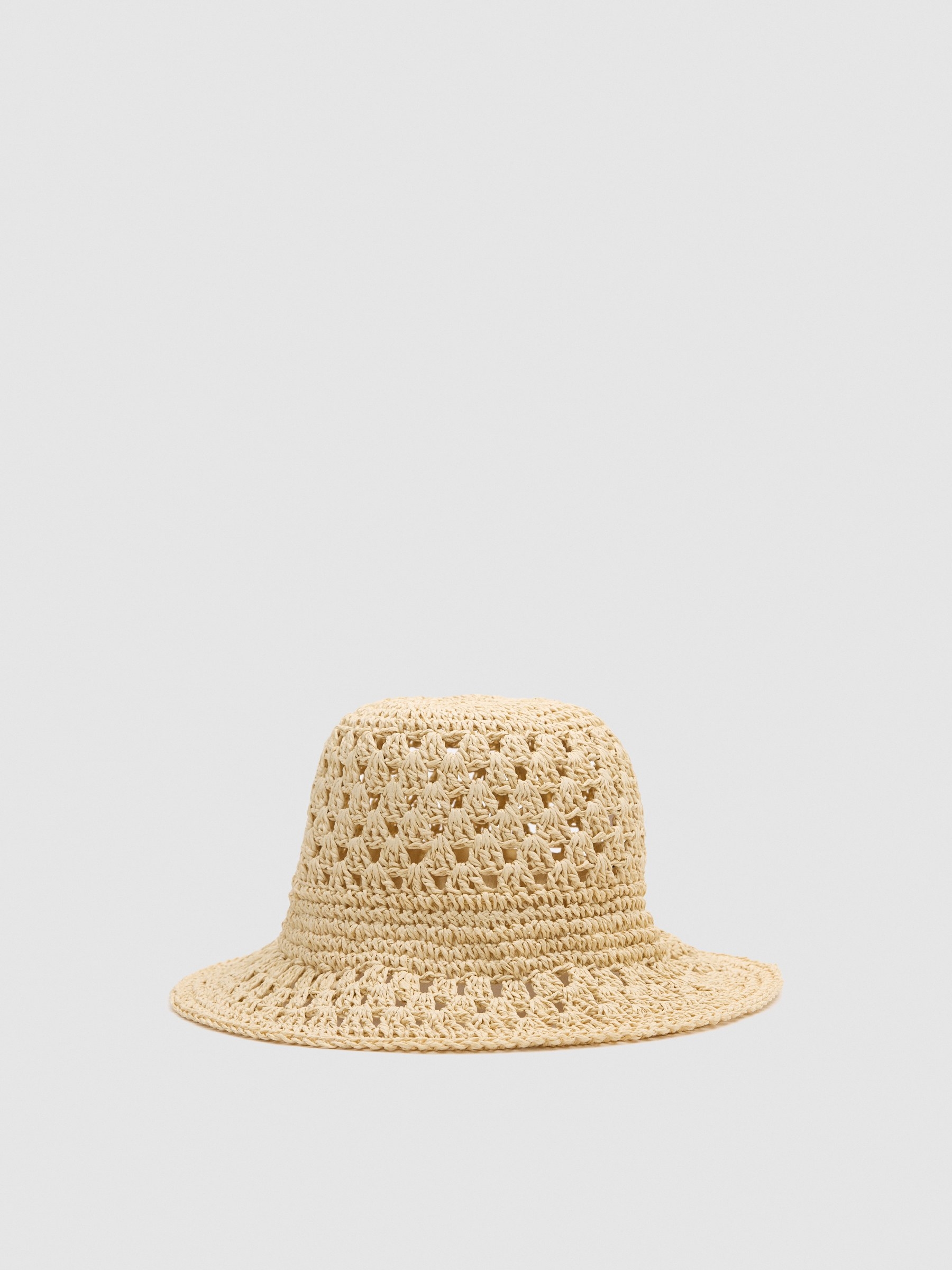 Gorro bucket de yute beige vista lateral frontal 45º