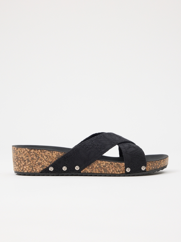 Wedge with embroidered strips black
