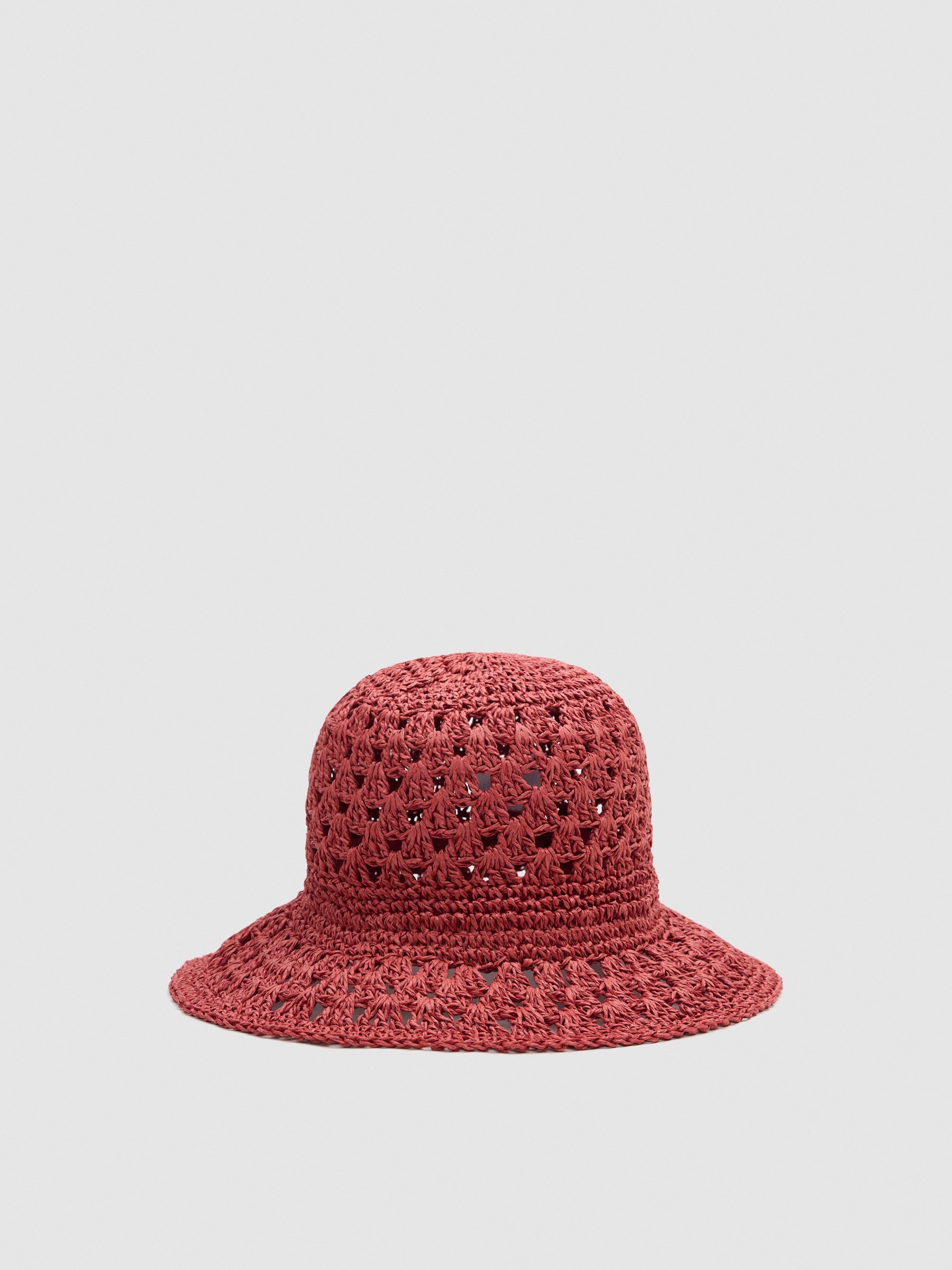 Gorro bucket de yute teja vista lateral frontal 45º