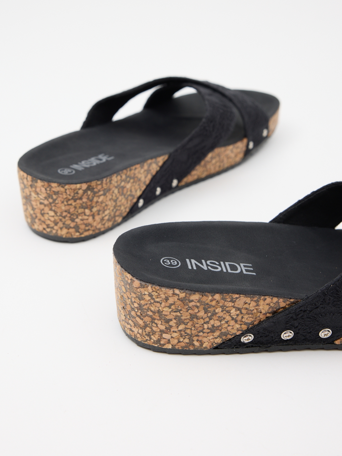 Wedge with embroidered strips black detail view