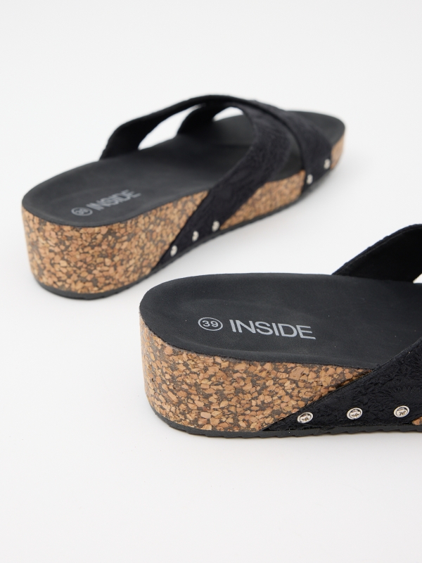 Wedge with embroidered strips black detail view