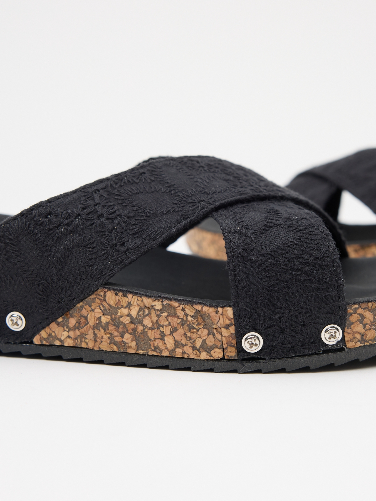 Wedge with embroidered strips black detail view