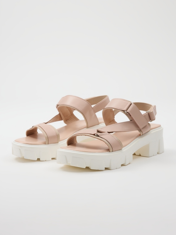 Platform sandal with straps nude pink 45º front view