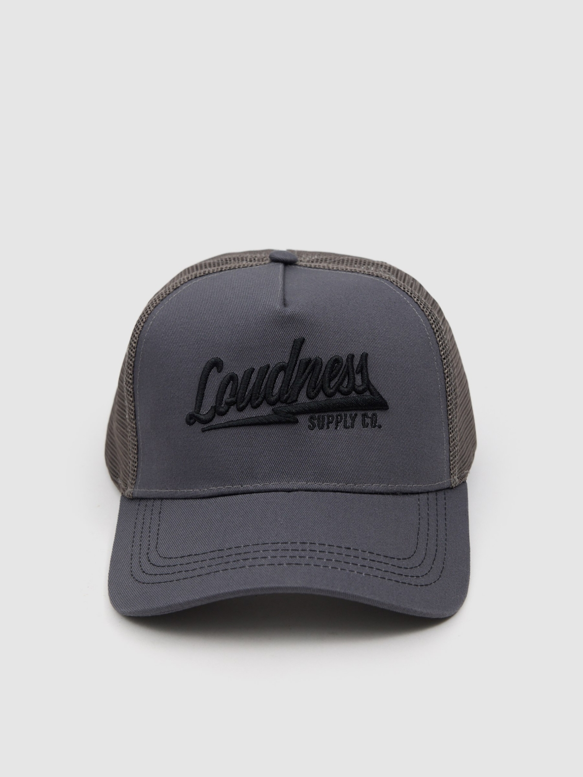 Gorra trucker bordado gris vista lateral trasera 45º