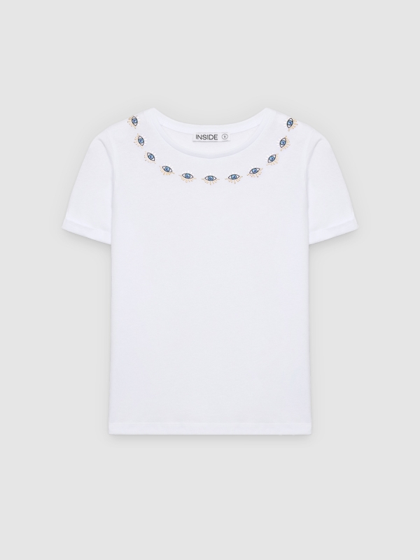  Camiseta étnica com miçangas branco vista frontal