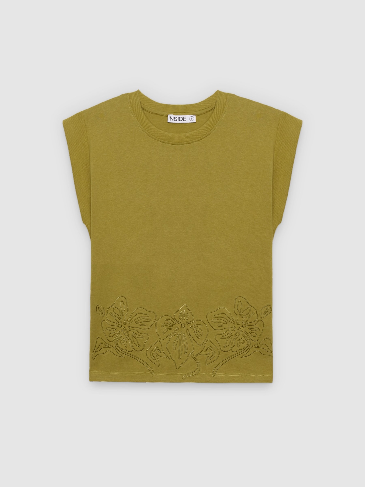%Pto% Camiseta sin mangas bordado floral verde oliva vista frontal