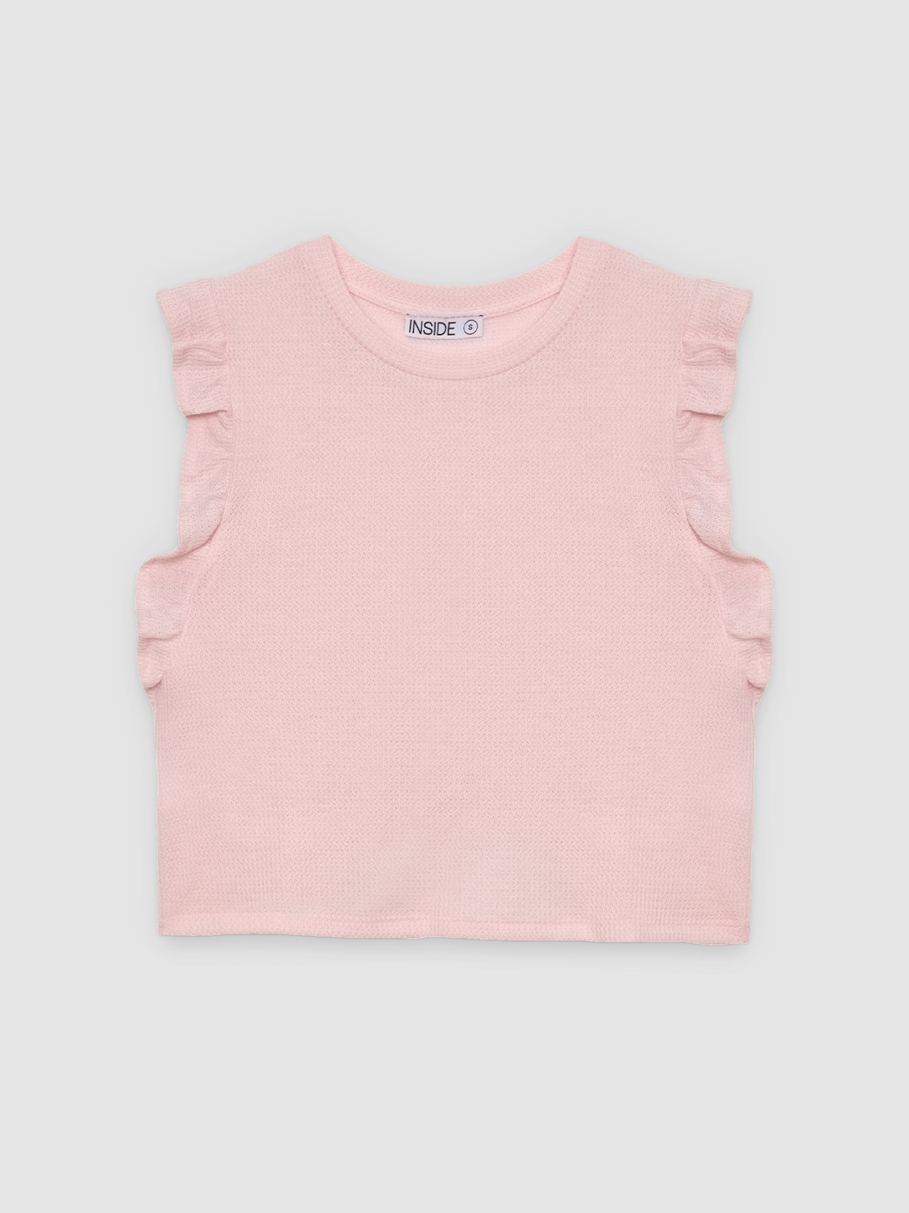 camiseta regata com babados rosa claro vista meia frontal