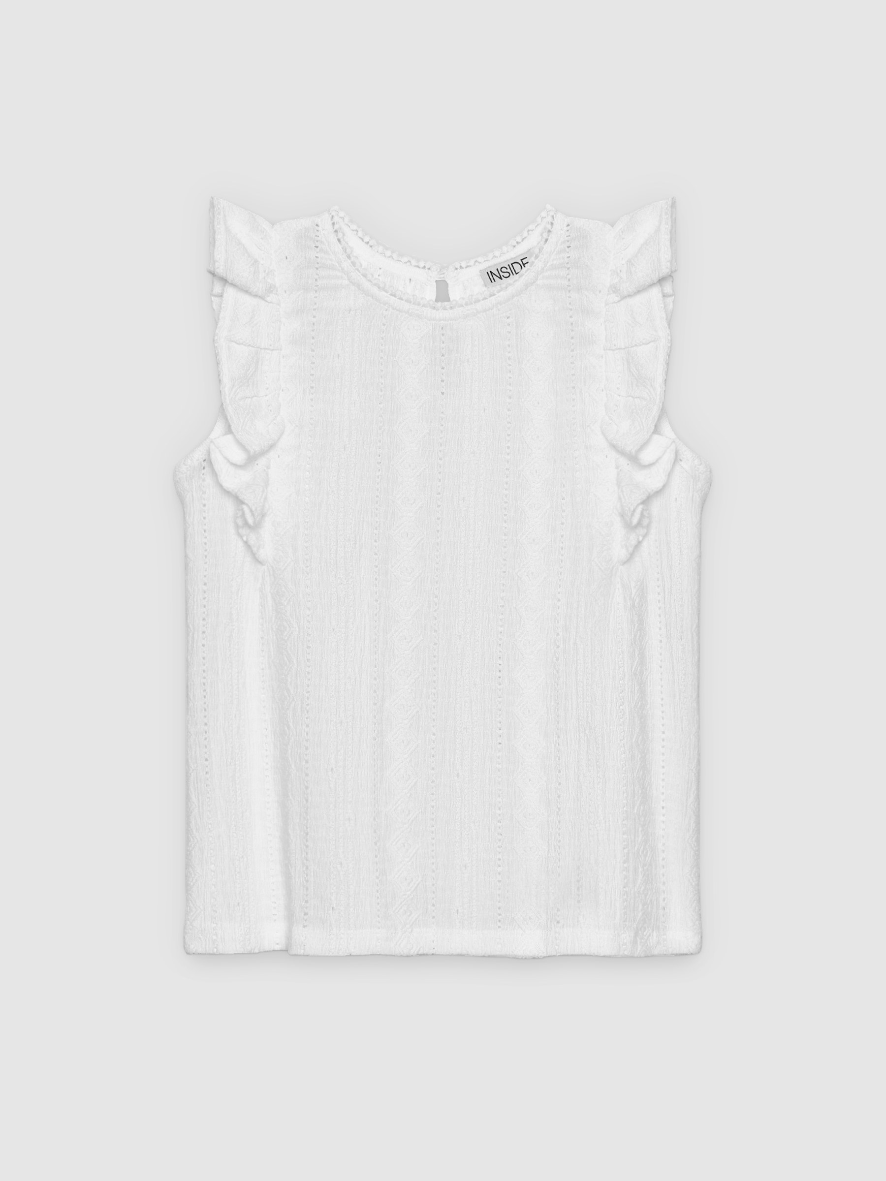 Sleeveless ruffled textured shirt white middle front view