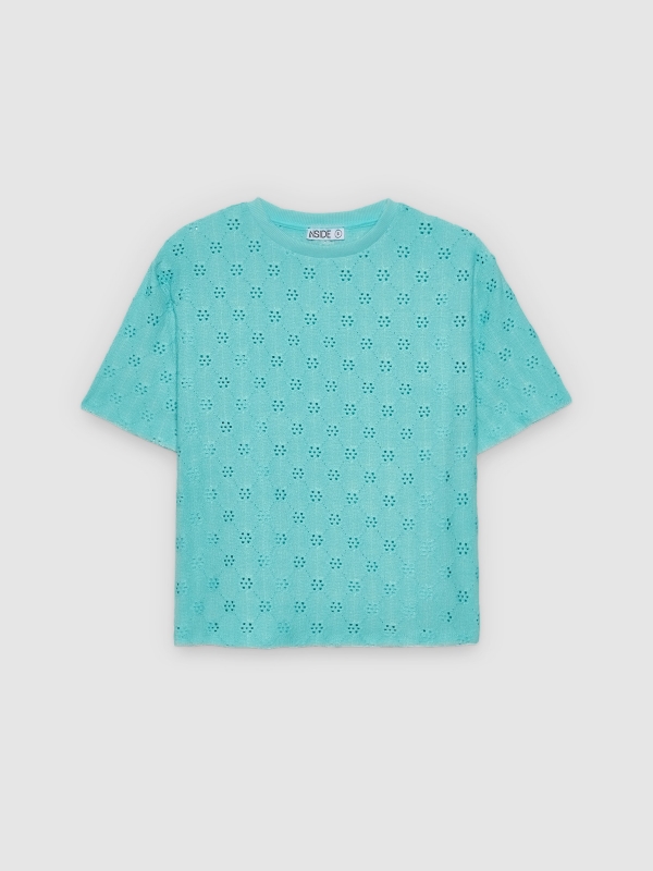  Swiss embroidered openwork T-shirt light blue front view