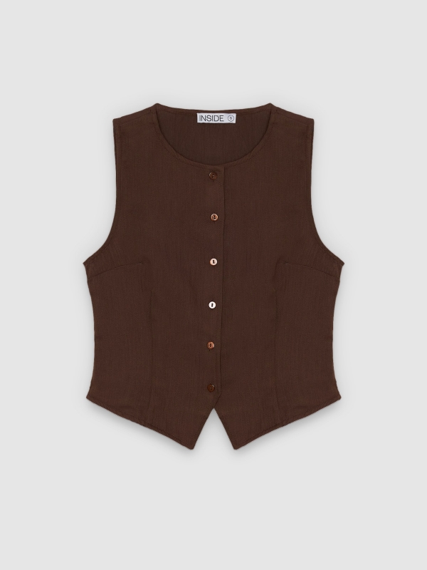 %Pto% Textured button-placket top chocolate front view