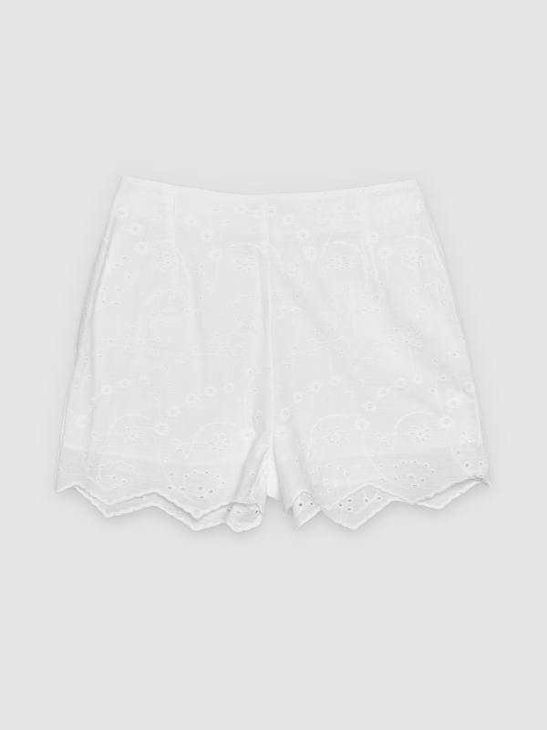 %Pto% high-waisted Swiss embroidered shorts white front view