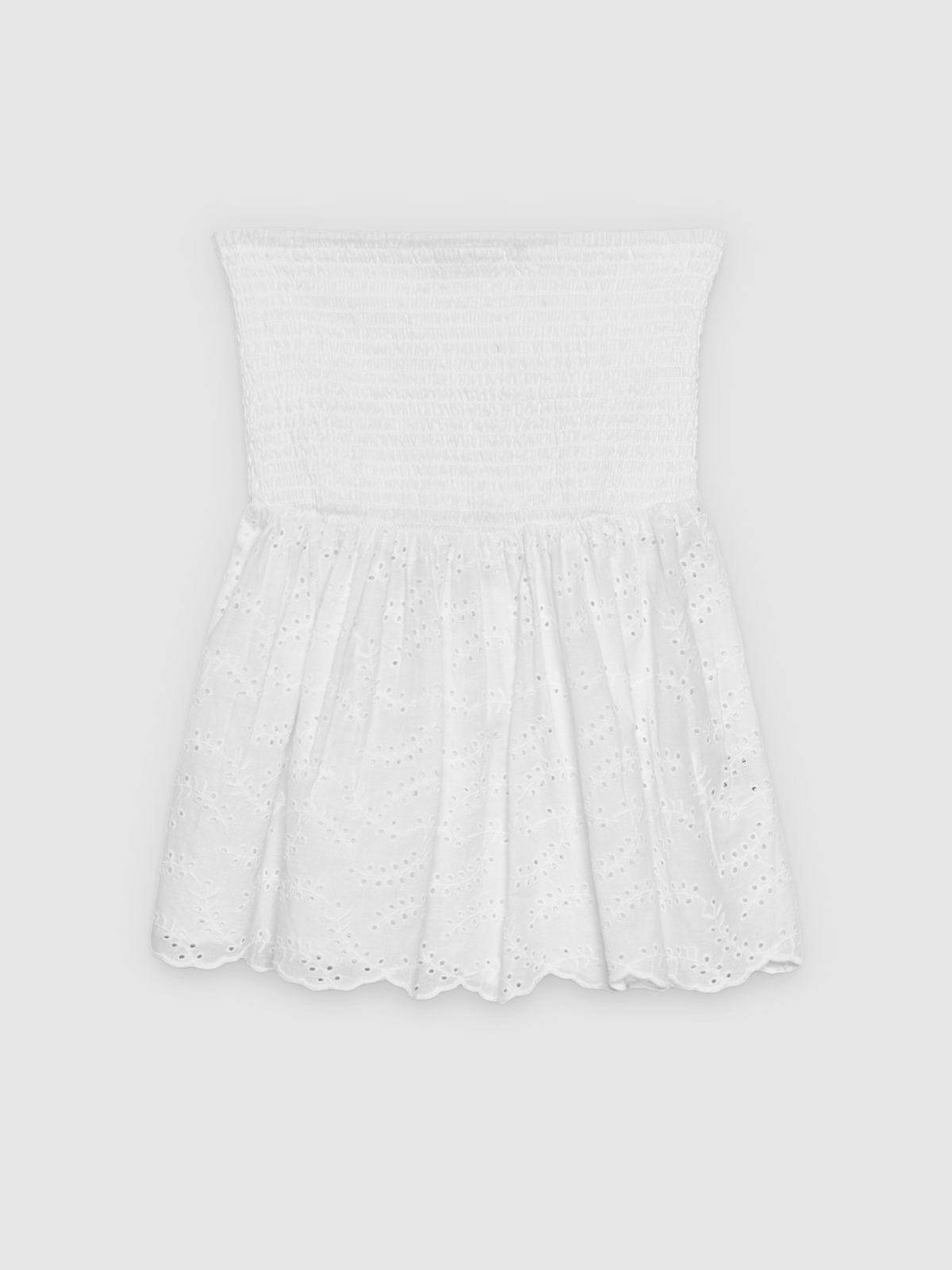 %Pto% Top bandeau bordado suíço com babado branco vista frontal