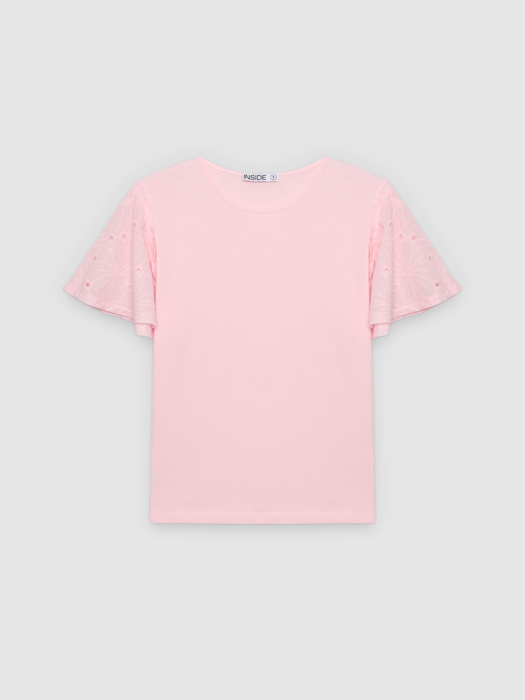 Camiseta algodón bordado suizo rosa claro vista media frontal