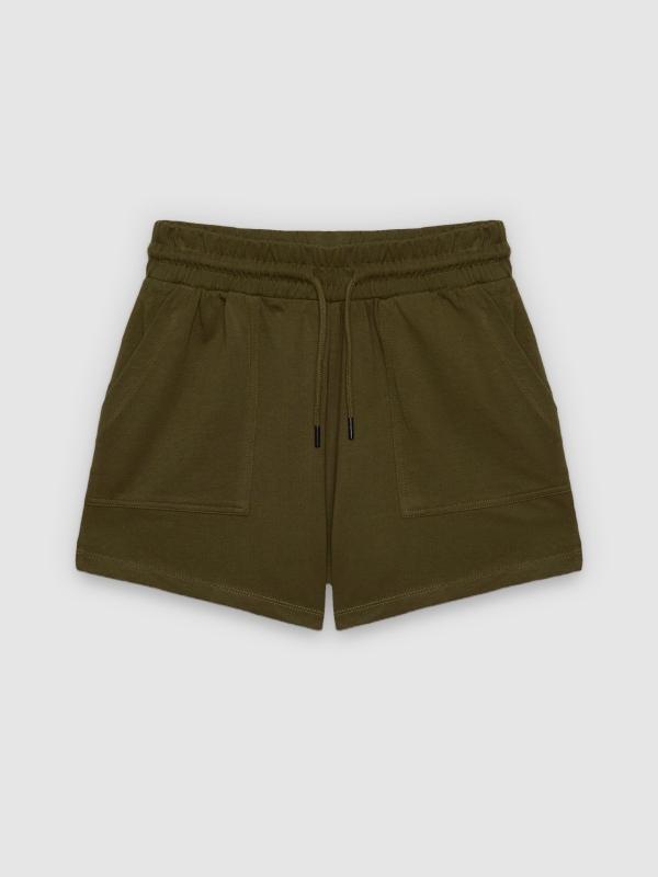  Shorts de moletom com bolsos verde oliva vista frontal