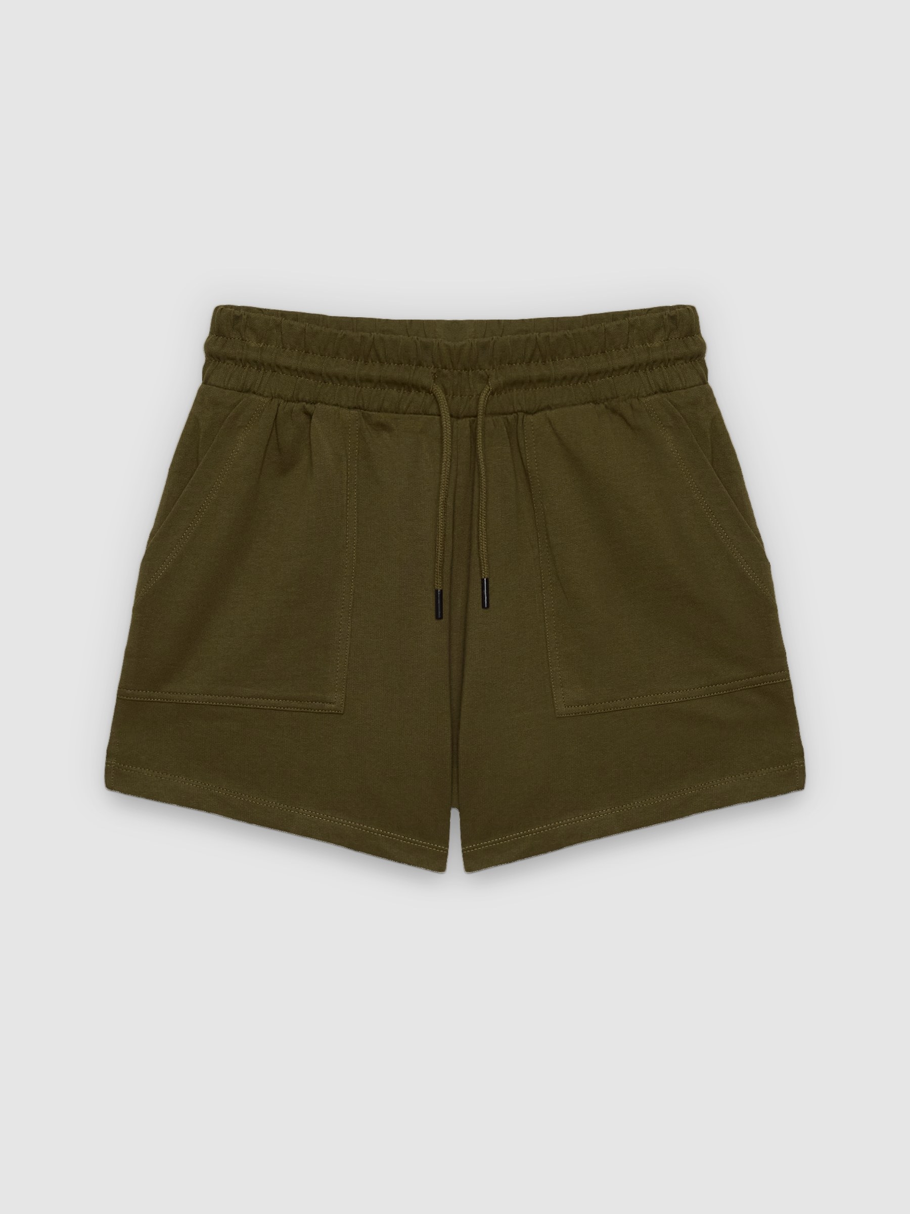  Shorts de moletom com bolsos verde oliva vista frontal