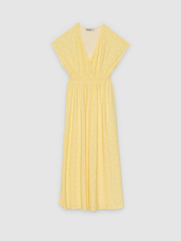 %Pto% Vestido midi floral com lastex amarelo vista frontal