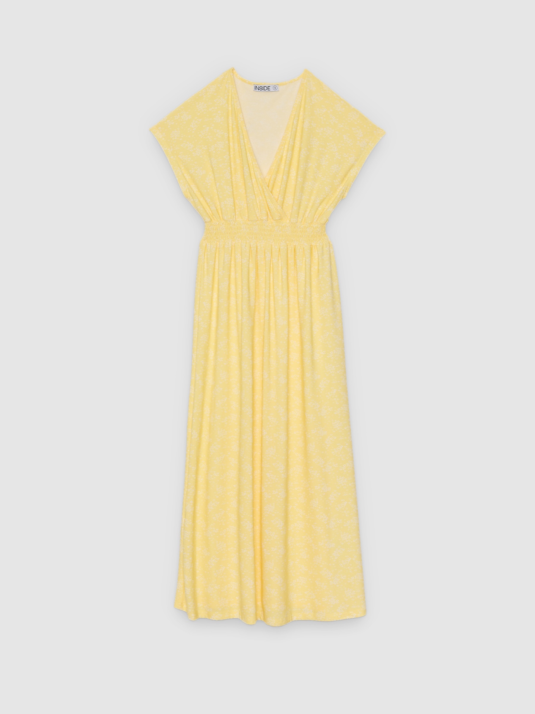 Vestido midi floral com lastex amarelo vista meia frontal