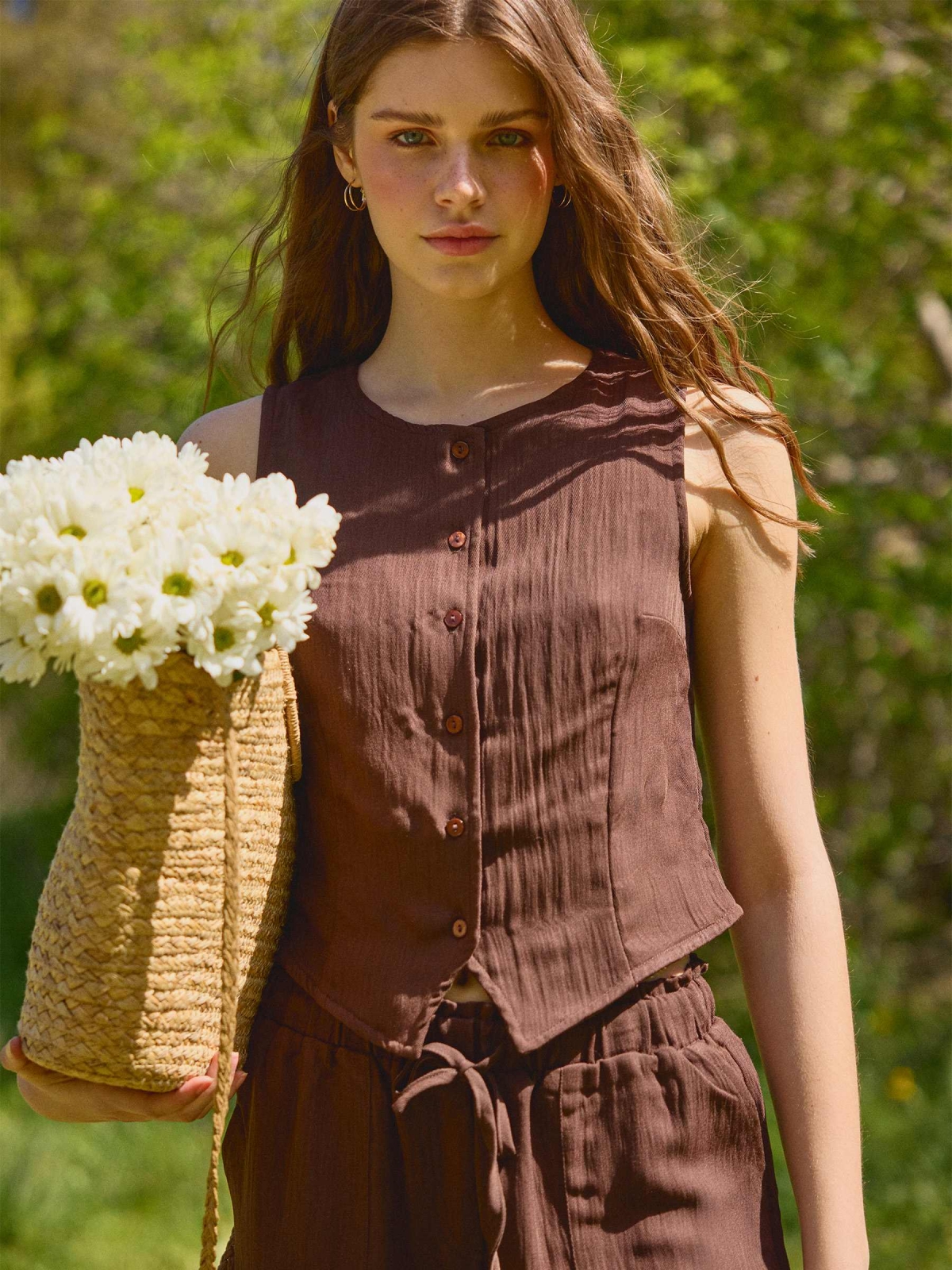 %New% Textured button-placket top chocolate