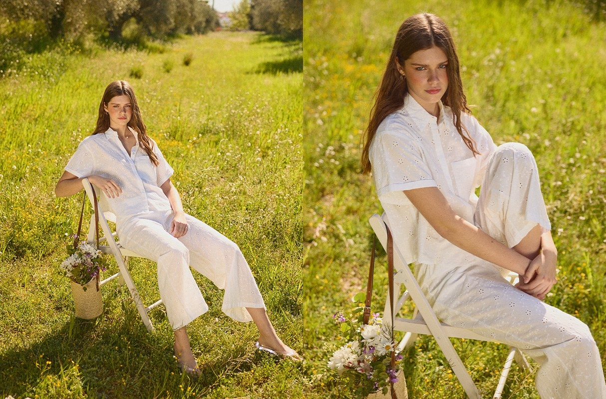 Swiss embroidered wide-leg pants white front view