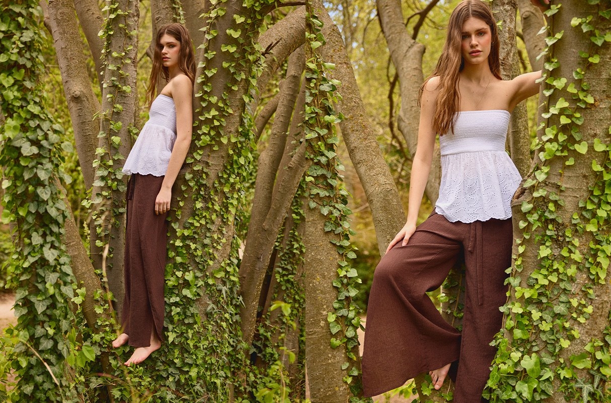  Fluid wide-leg pants with a bow brown front view