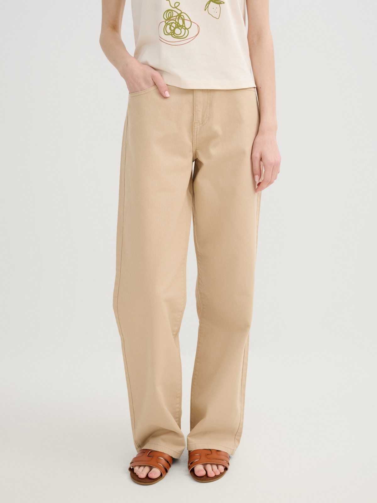 Straight twill pants sand middle front view