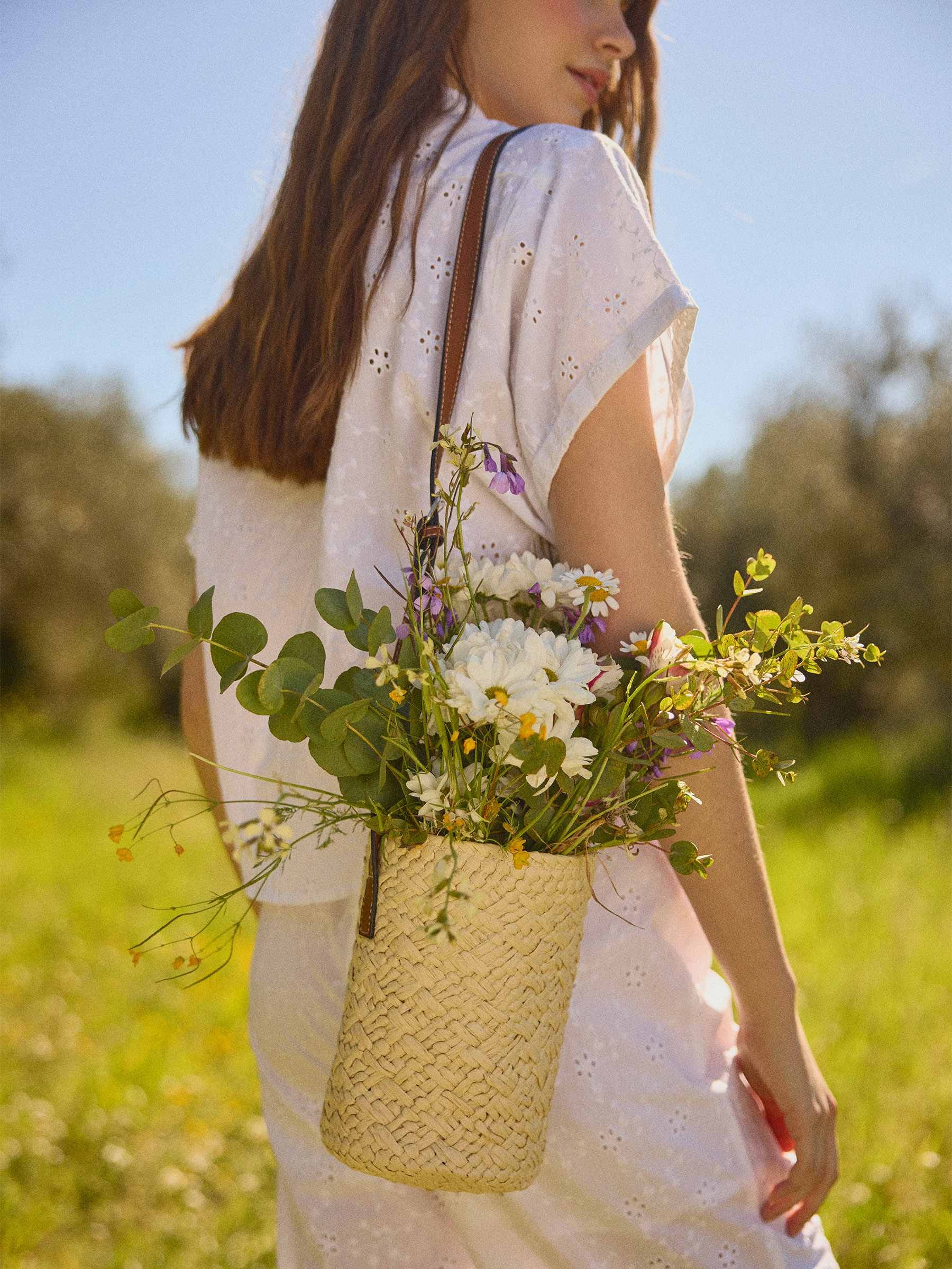 Bolsa cesta de juta bege vista geral frontal