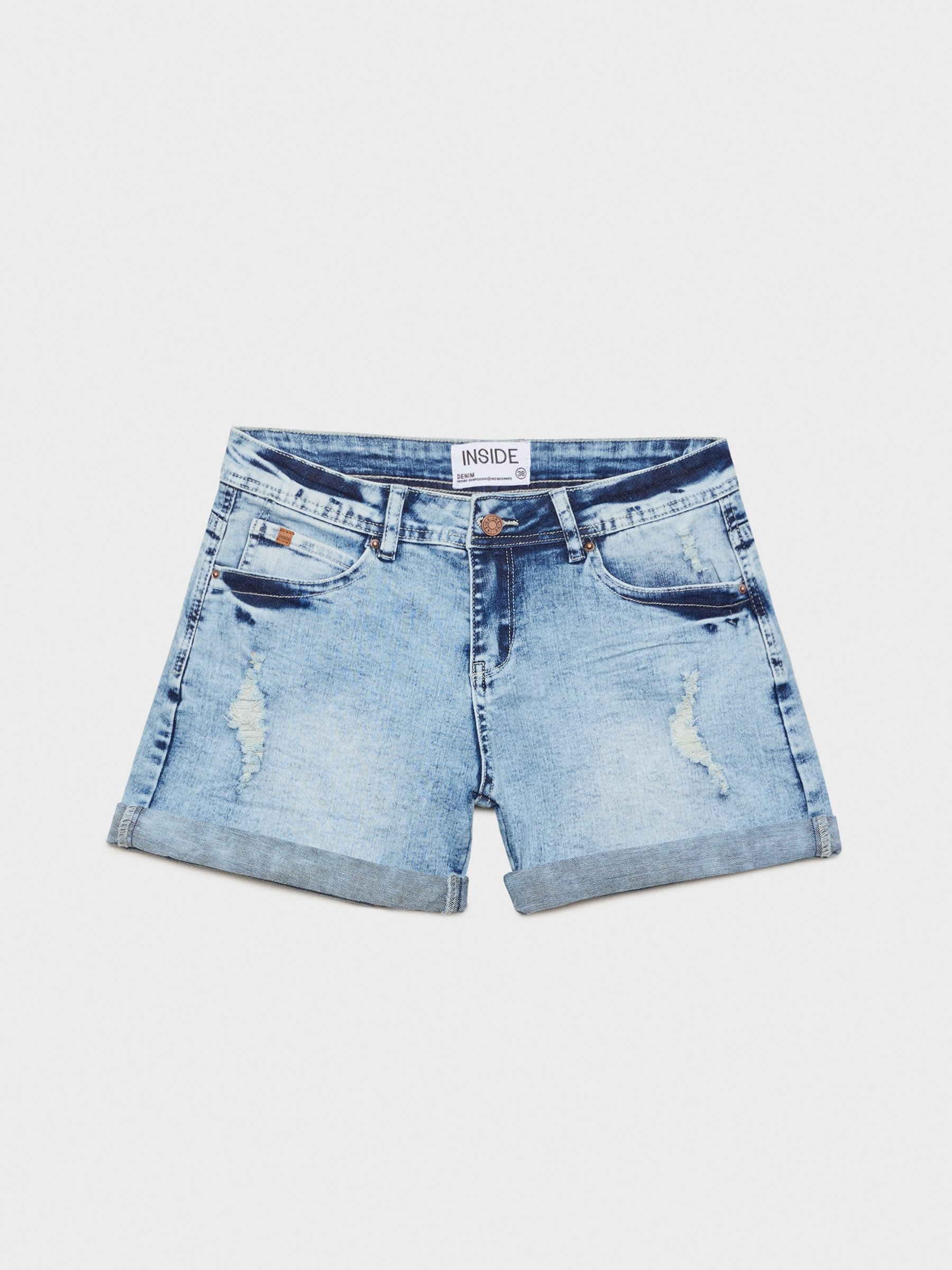 Shorts denim azuis desgastados azul vista meia frontal