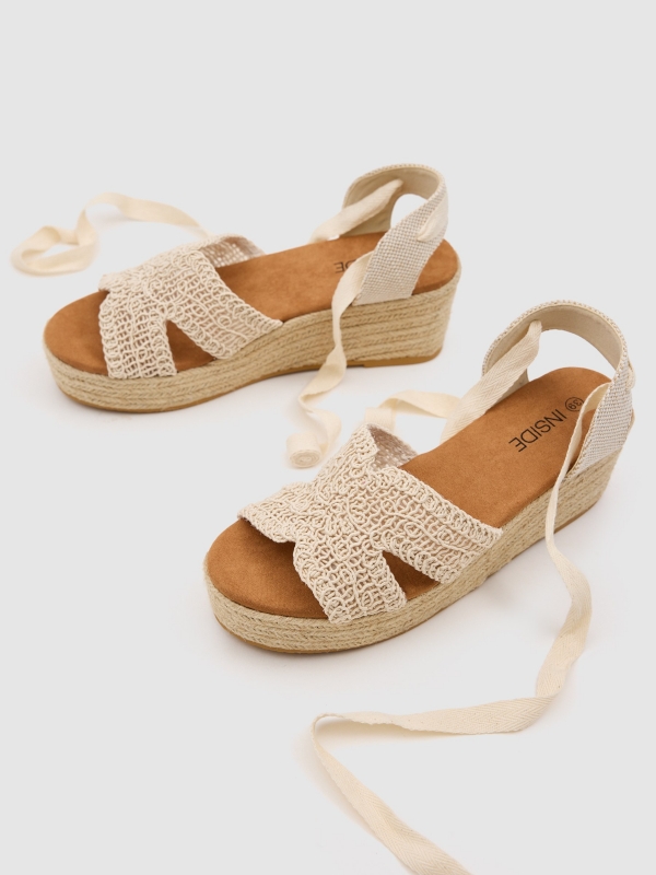 Canvas jute crochet wedge beige detail view