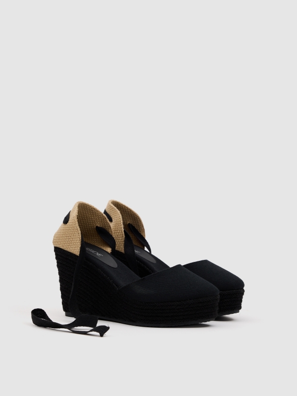 Jute canvas wedge with bow black 45º front view