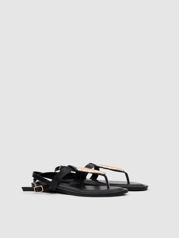 Flat sandal with buckle straps black 45º front view