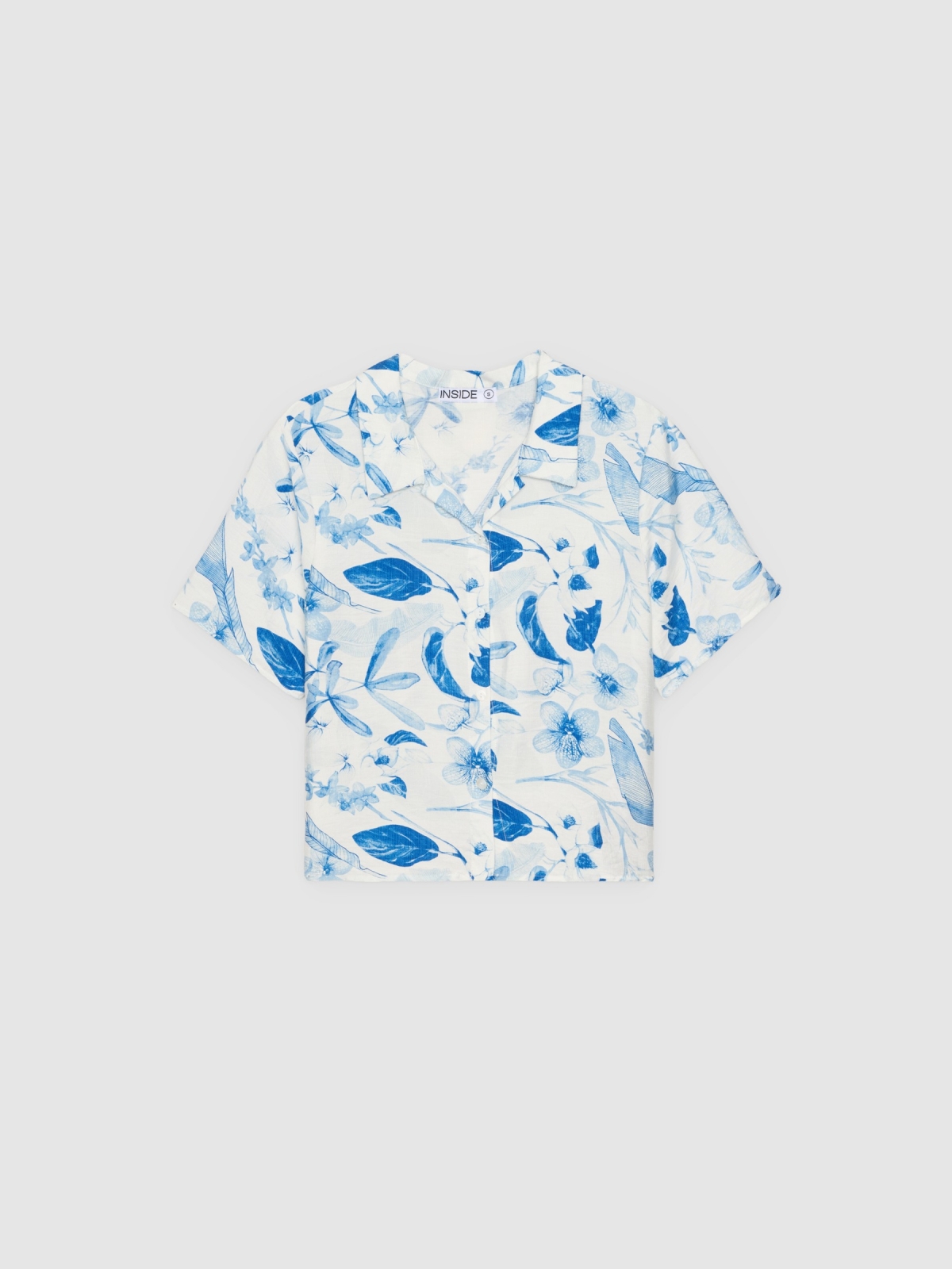 %Pto% Camisa flores manga curta branco vista frontal