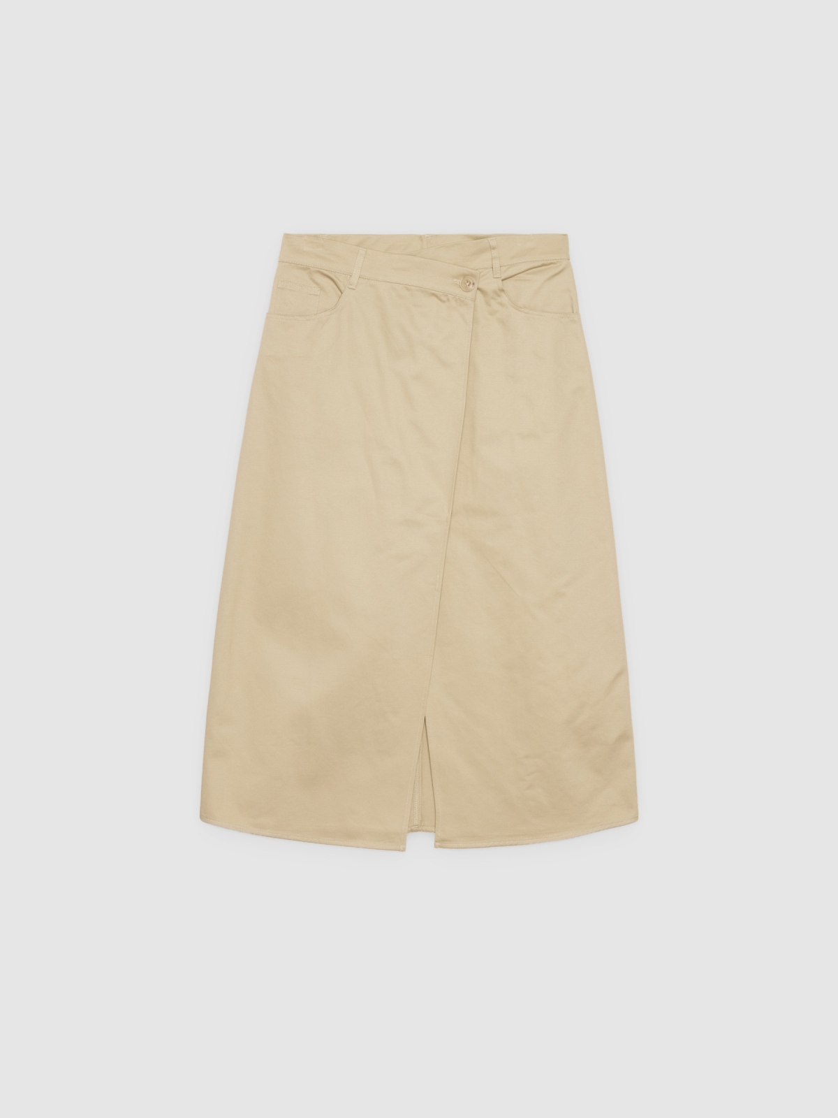 %Pto% Falda midi asimétrica con botones ocre vista frontal
