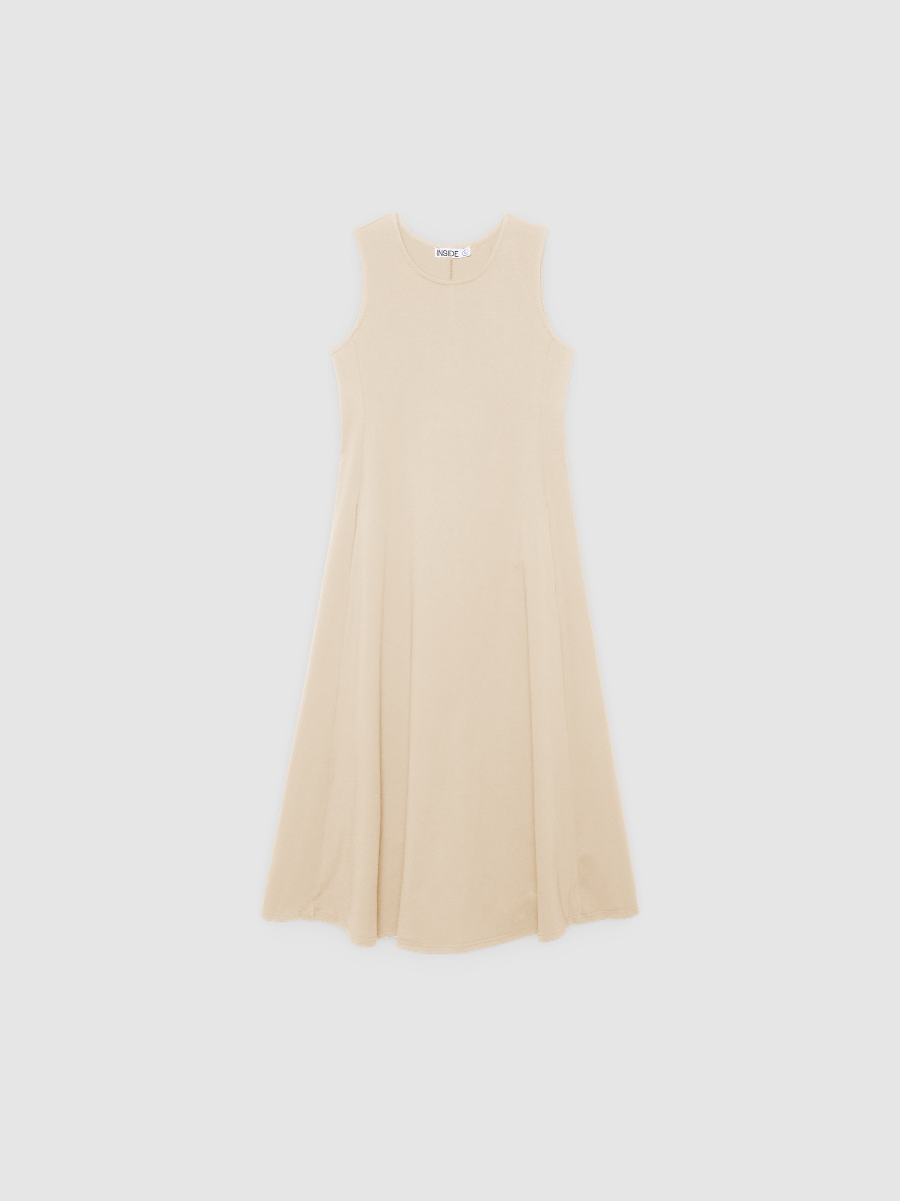 Sleeveless flared midi dress raw middle front view