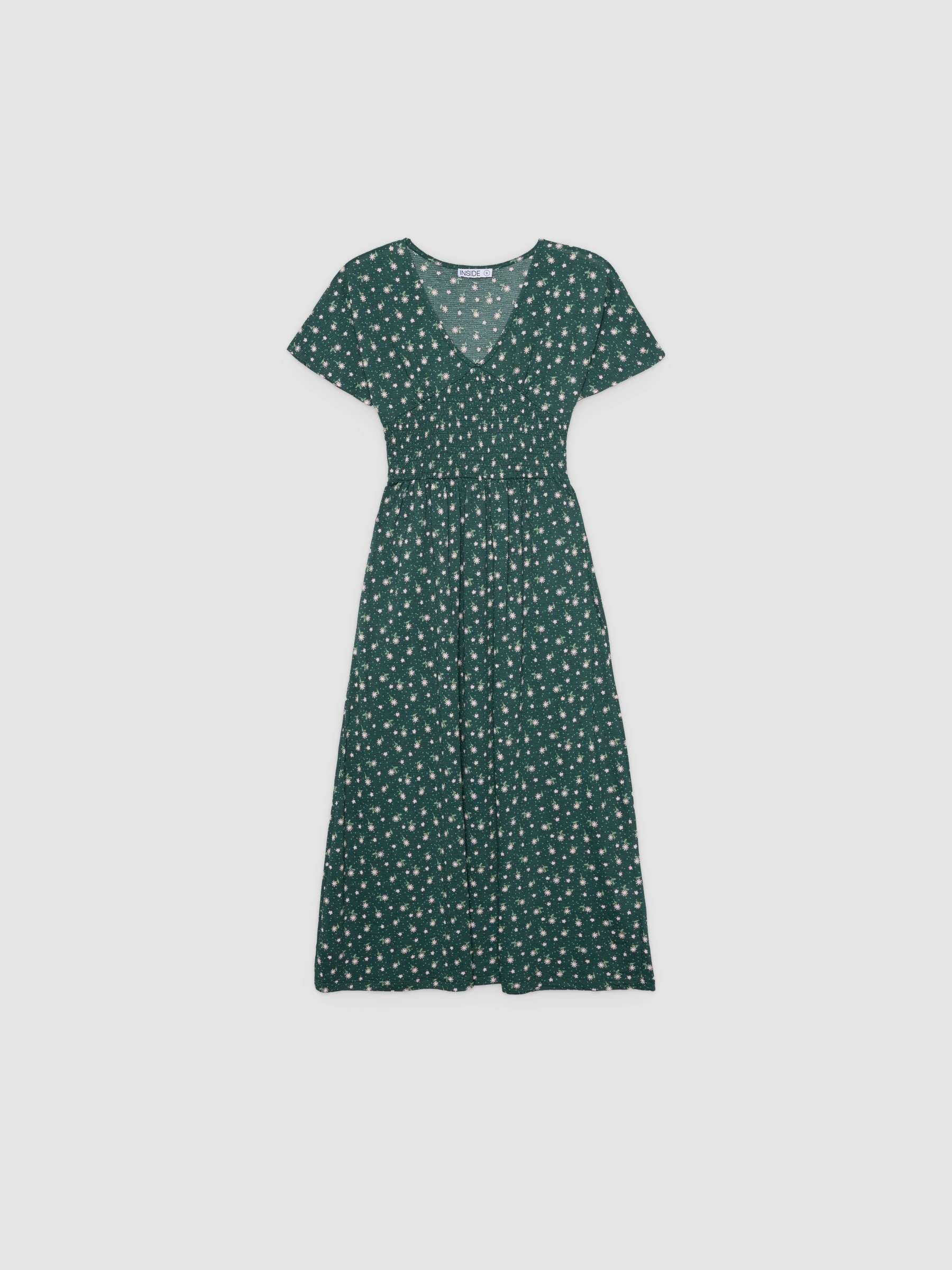 Vestido midi flores verde escuro vista meia frontal