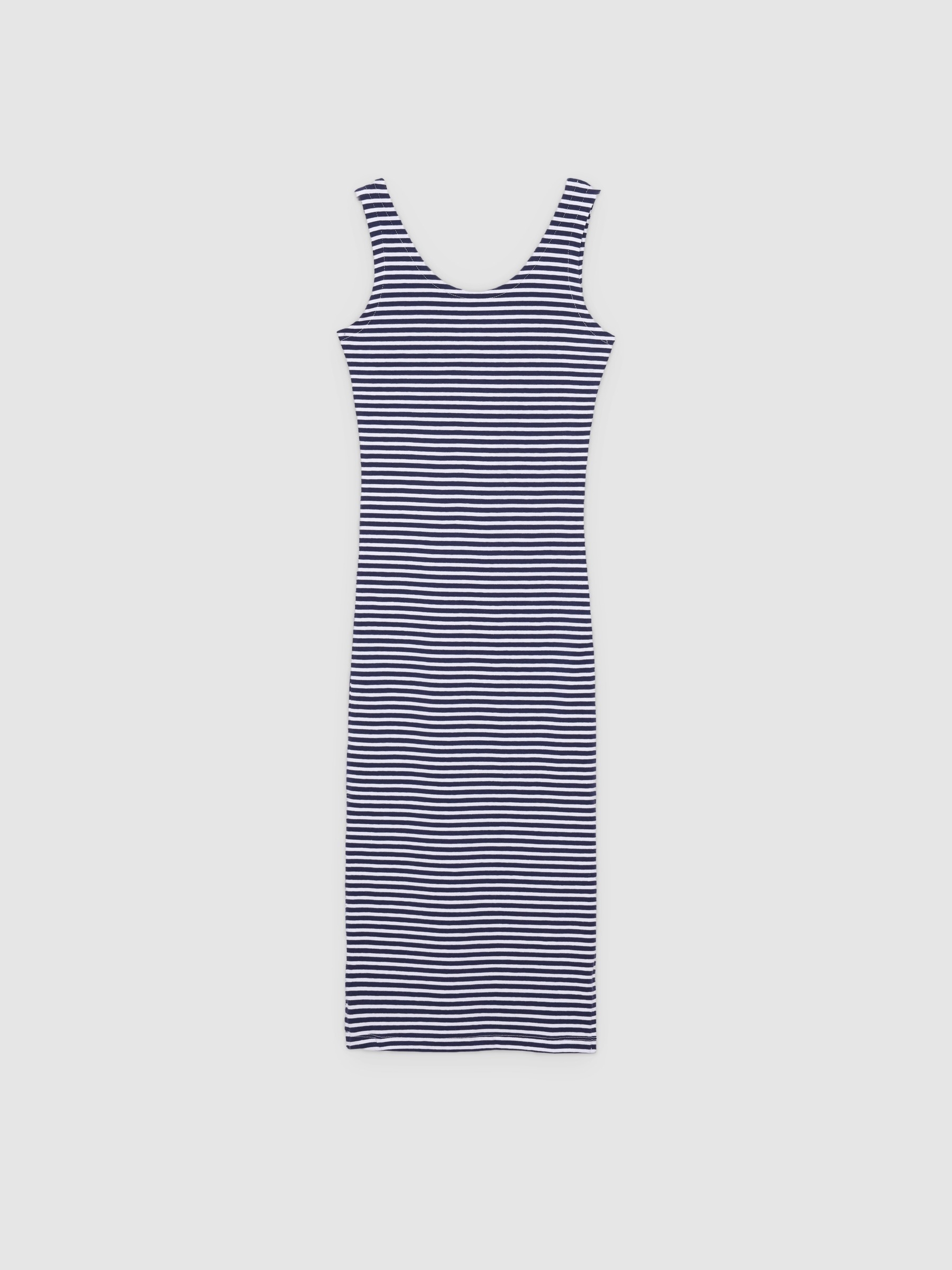 Striped midi knit dress navy middle front view