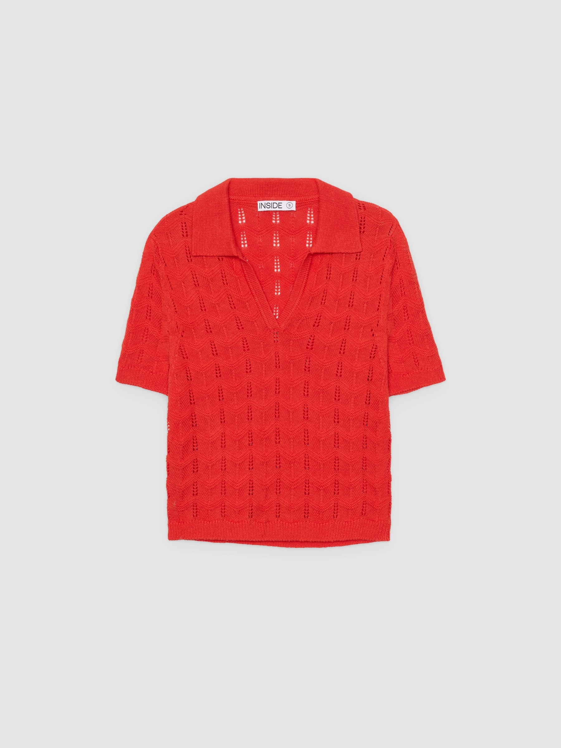 Polo neck cable knit jersey coral middle front view