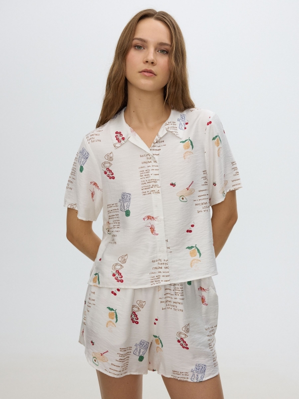 Printed button-up shirt white middle front view