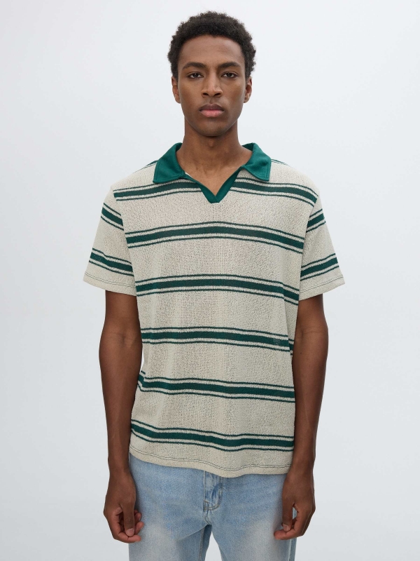 Striped polo buttons light green middle front view