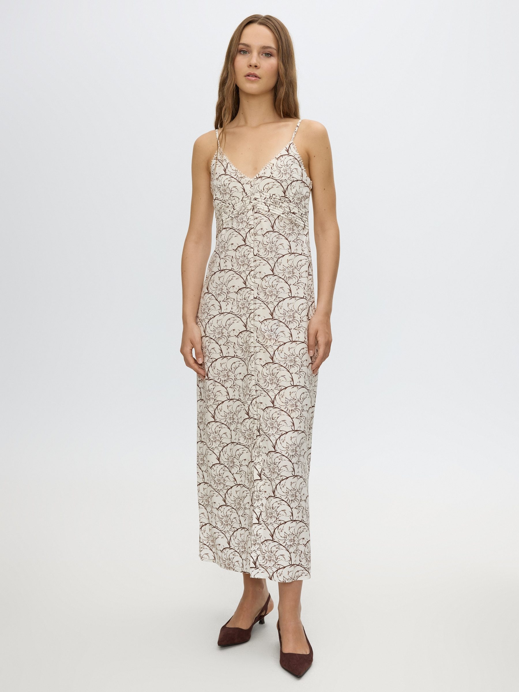 Vestido midi estampado de linho crua vista meia frontal
