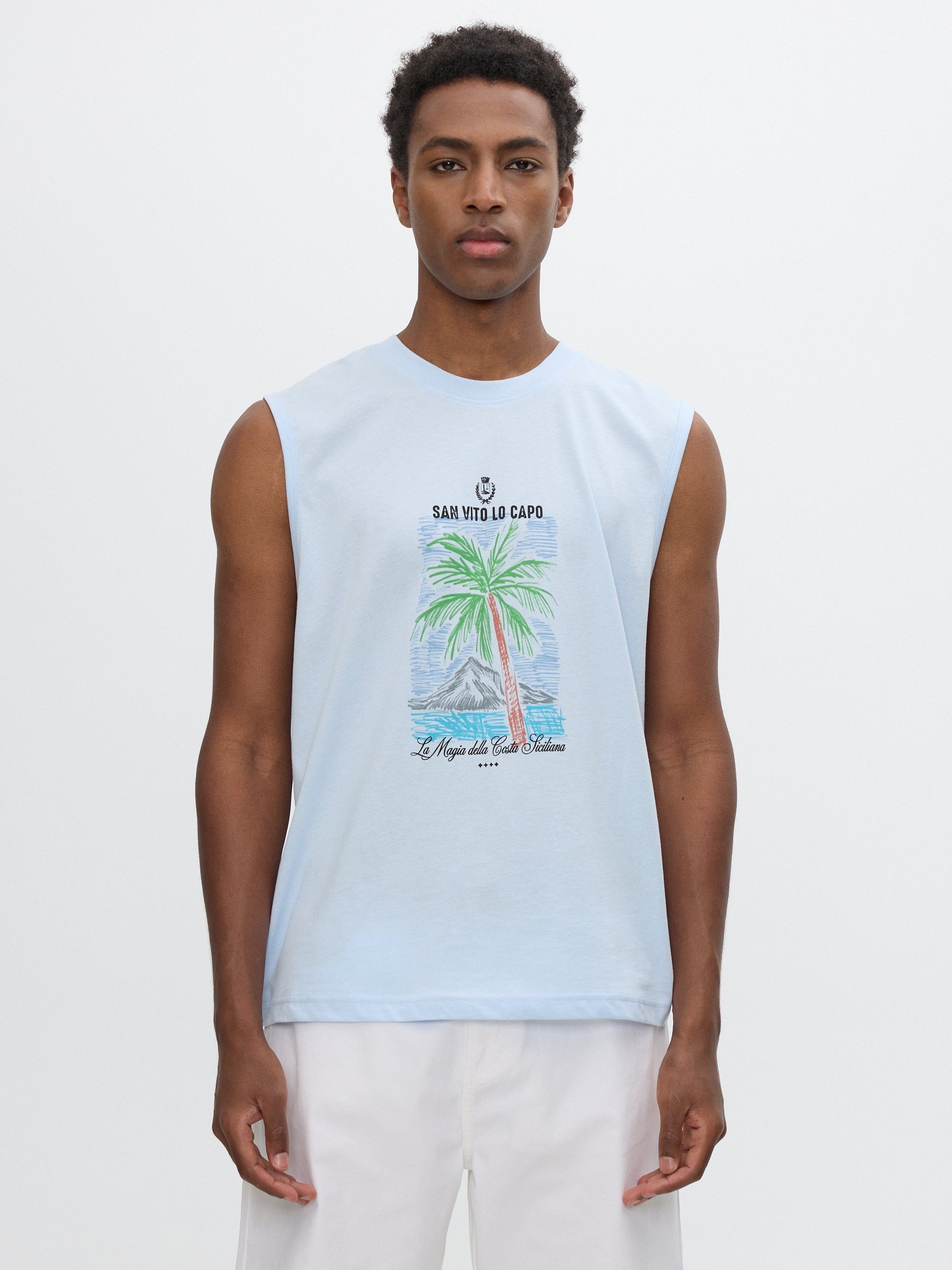 Camiseta sin mangas tropical azul celeste vista media frontal